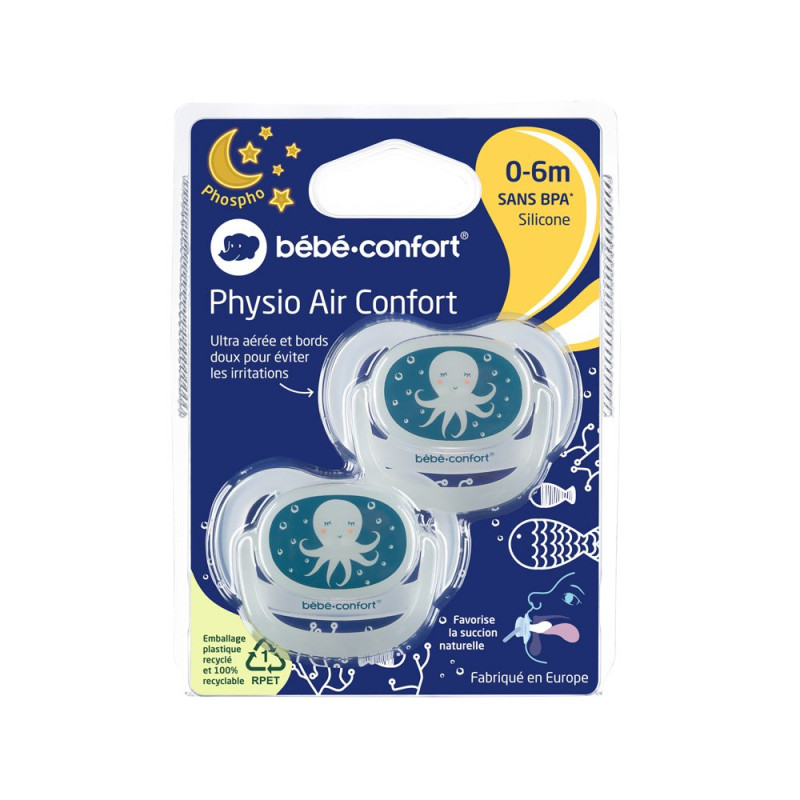 Пустушка BEBE CONFORT силіконова 2 шт PHYSIO AIR DUMMY PHOSPHO 0/6 Blue Octopus