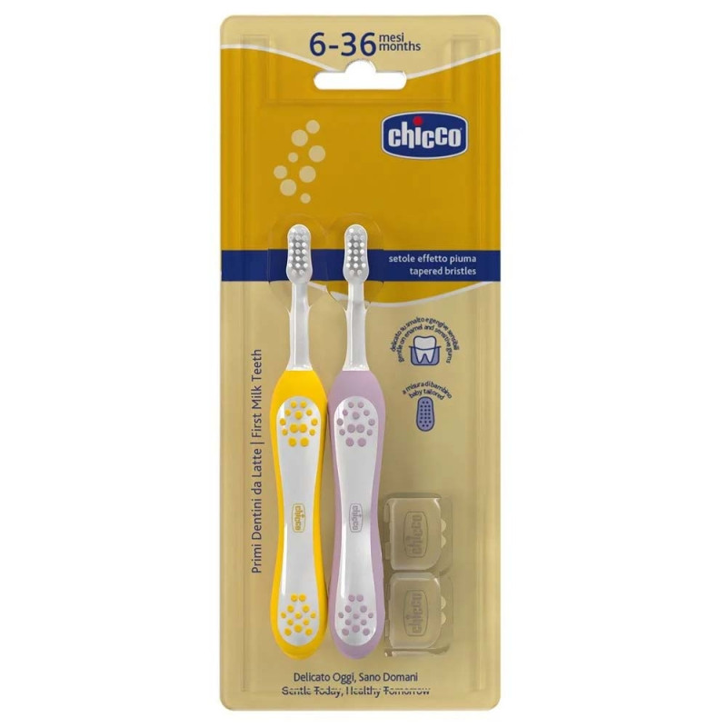 Зубна щітка Chicco для перших зубів , 6-36 міс., 2 шт жовта / рожева