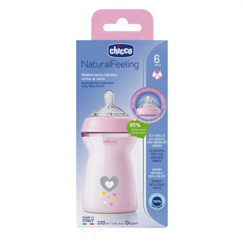 Пляшечка пластик Chicco Natural Feeling NEW, 330 мл, 6м+ Рожевий