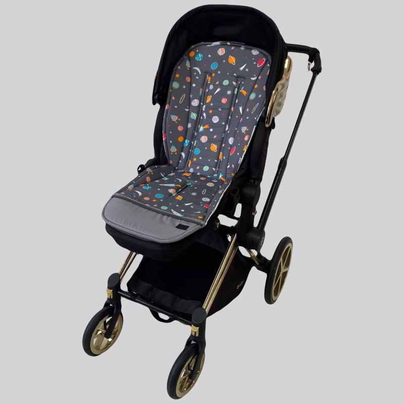 Матрацик бавовняний в коляску з піною Космос на сірому і райдужки Decoza Moms Mtspin4090-S433-В051