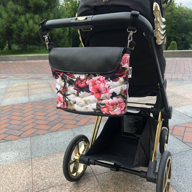 Сумка на візок Піони та чорна екошкіра Decoza Moms S-OP013-K001-E