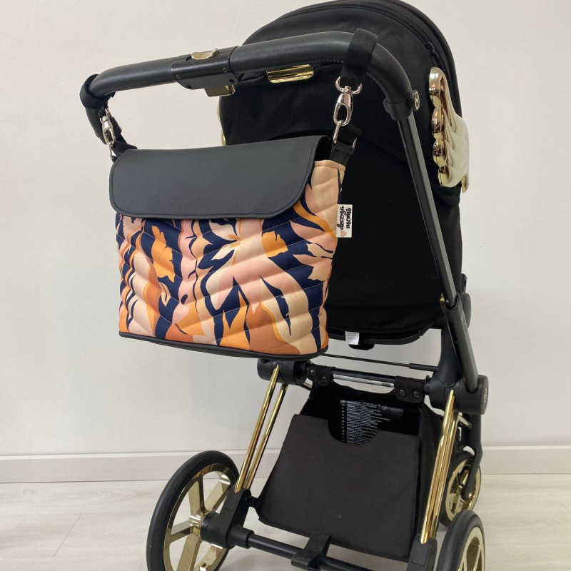 Сумка на візок Листя на бежевому і Чорна екошкіра Decoza Moms S-OP014-K001-Е-М