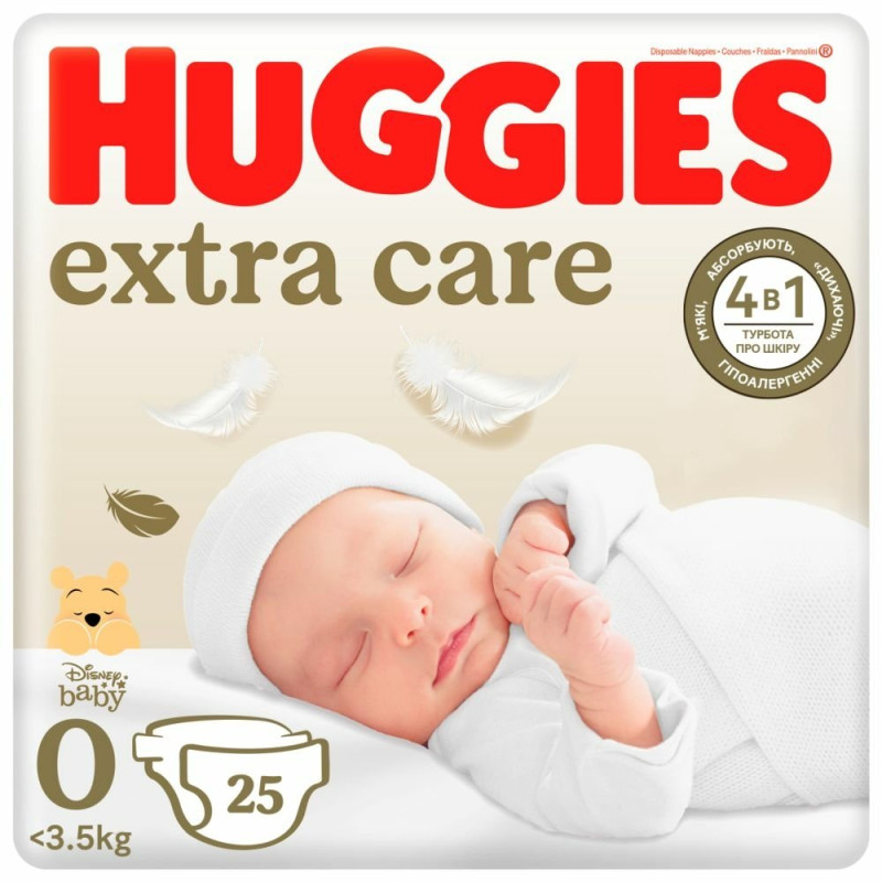 Підгузки Huggies Extra Care 0+, до 3 кг, 25 шт