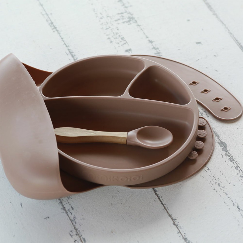 Слинявчик MinikOiOi Набір для годування силіконовий нагрудник, секційна тарілка, ложка BLW SetII-Powder Grey