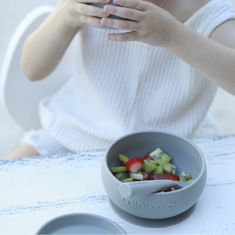 Тарілка MinikOiOi Набір для годування силіконовий миска з кришкою, чашка, ложка BLW Set I Mineral Blue