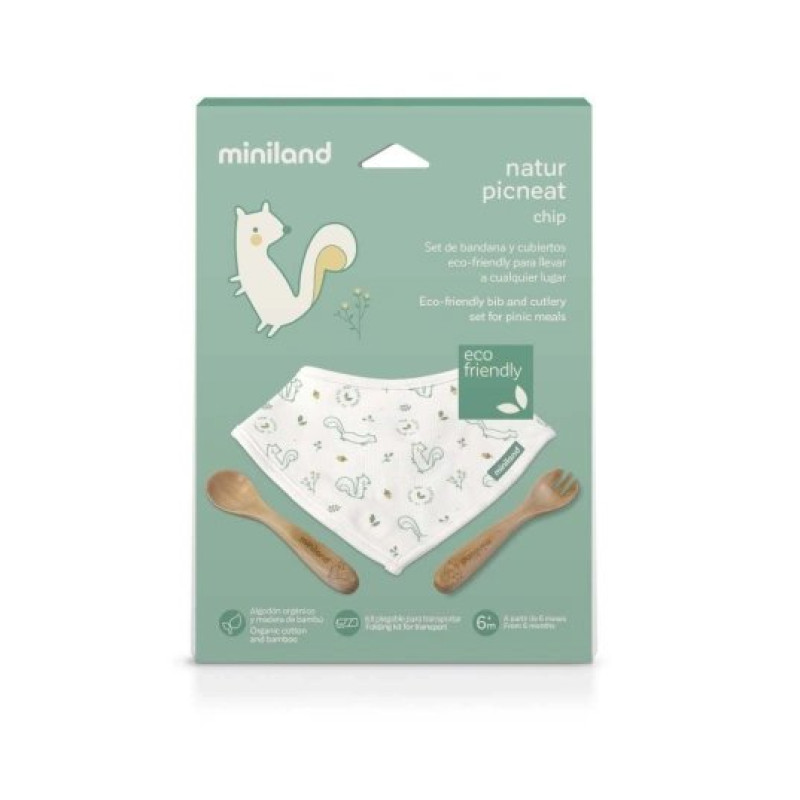 Набір столових приборів Miniland Еко - дерев'яних зі слинявчиком Natur Picneat Chip