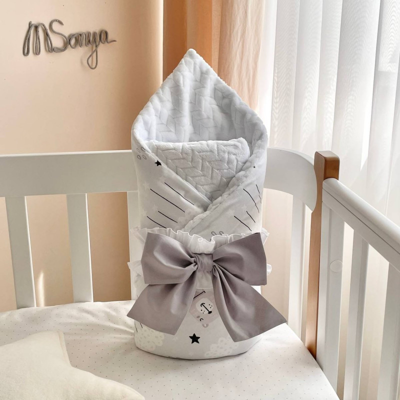 Плед Msonya конверт з ковдрою на на Minky/косичка Коти у хмарах сірий