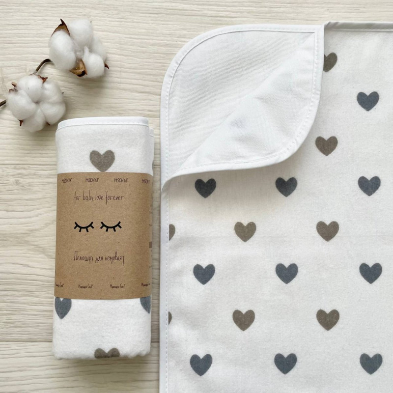 Пелюшка Msonya непромокаюча фланель Сердечка сіро-бежеві