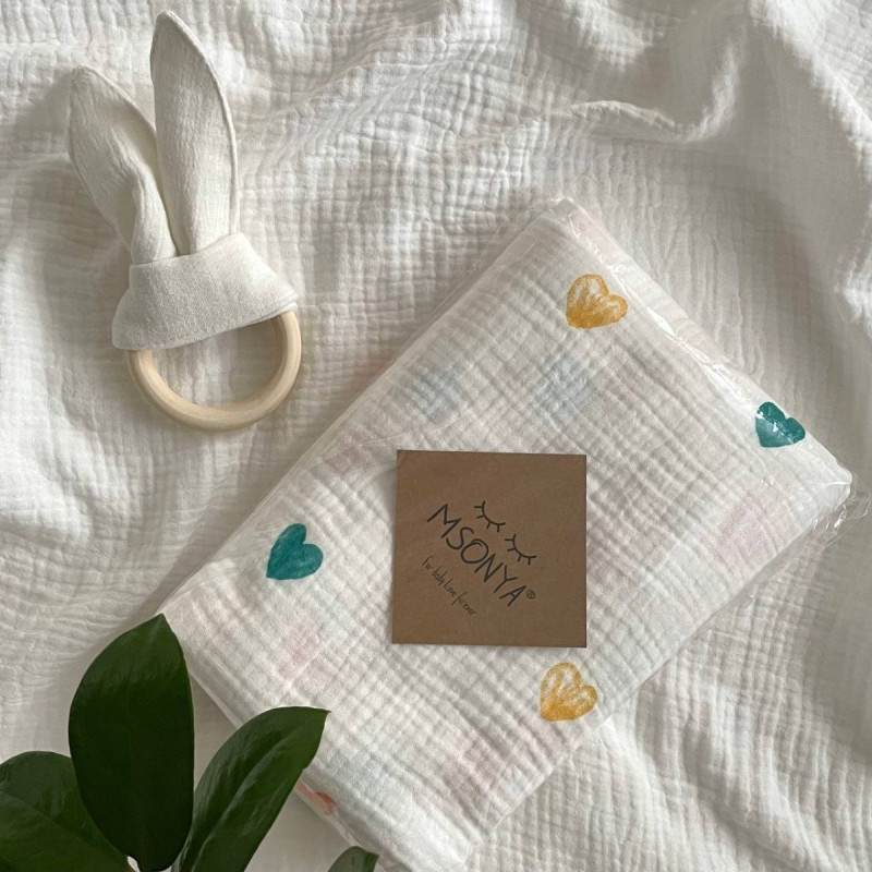 Пелюшка Msonya муслін Сердечка акварельні оранж/зелений 95х135