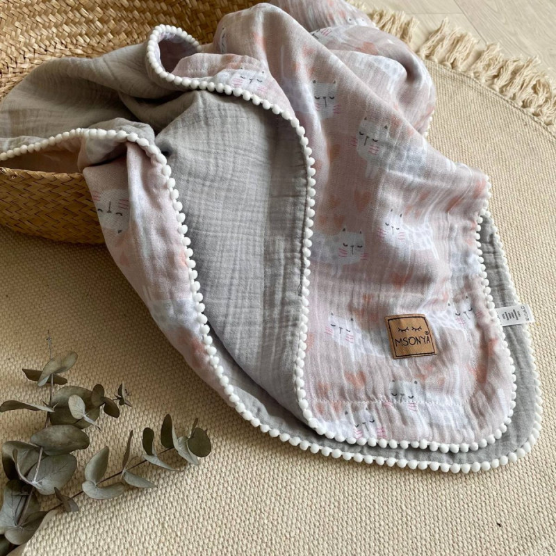 Плед Msonya муслін жатка з напівбубонами Котики/сірий