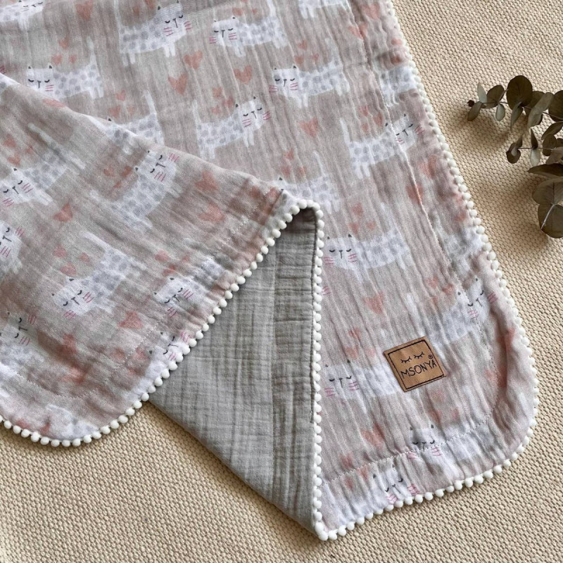 Плед Msonya муслін жатка з напівбубонами Котики/сірий