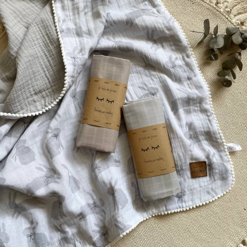 Плед Msonya муслін жатка з напівбубонами Зайчики сірі/сірий