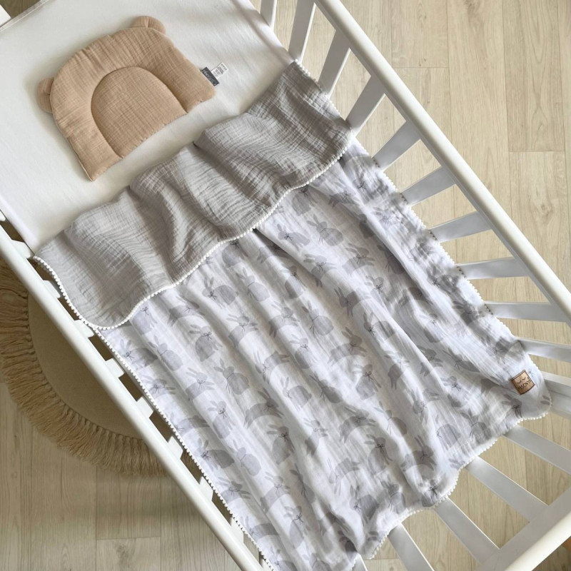 Плед Msonya муслін жатка з напівбубонами Зайчики сірі/сірий