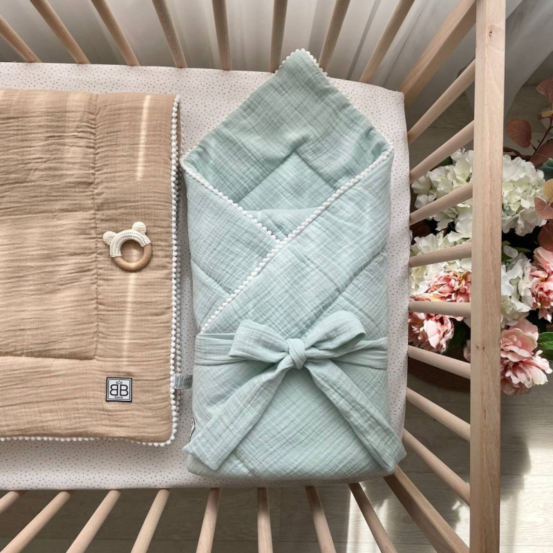 Плед Msonya конверт муслін з напівбубонами м'ята