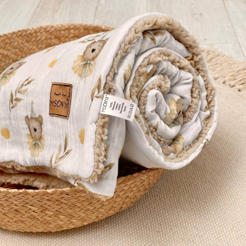 Плед Msonya муслін/хутро Ведмедики в ковпачках