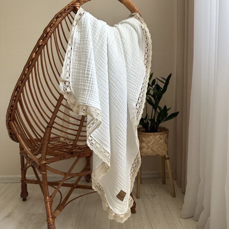 Плед Msonya муслін жатка Білий з мереживом Павутинка