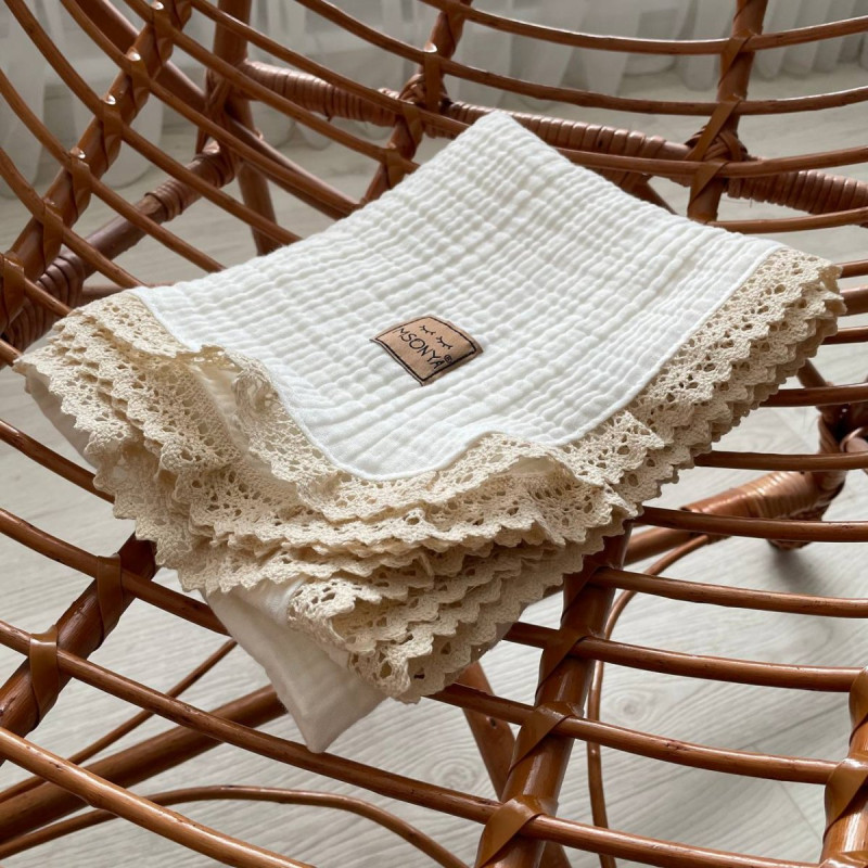 Плед Msonya муслін жатка Білий з мереживом Мальви бежеве