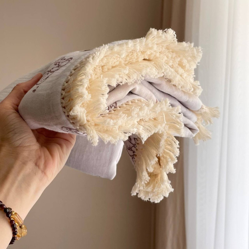 Плед Msonya муслін жатка Обіймашки/бежевий з бахромою