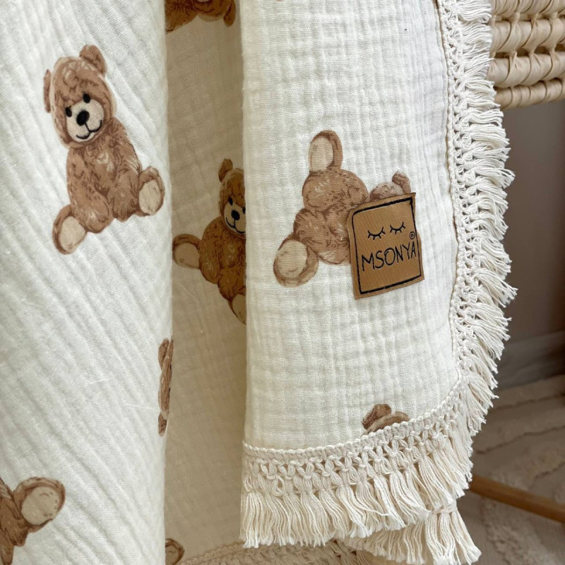 Плед Msonya муслін жатка двошаровий з бахромою Teddy на молочному