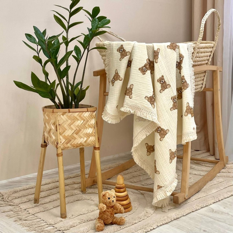 Плед Msonya муслін жатка двошаровий з бахромою Teddy на молочному