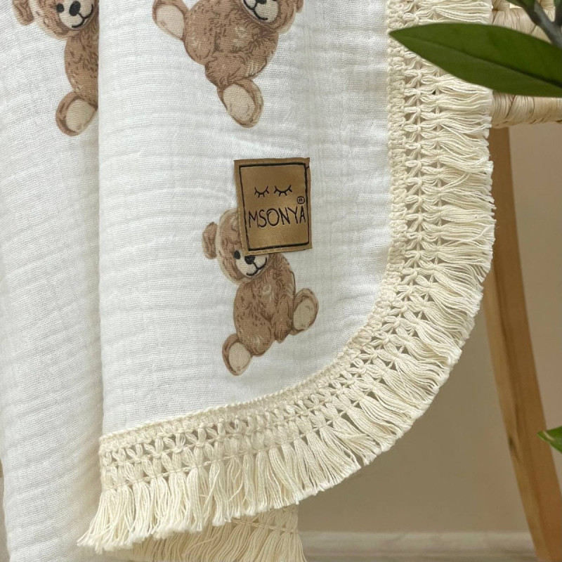 Плед Msonya муслін жатка двошаровий з бахромою Teddy на білому