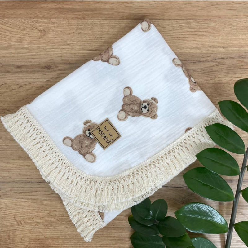 Плед Msonya муслін жатка двошаровий з бахромою Teddy на білому