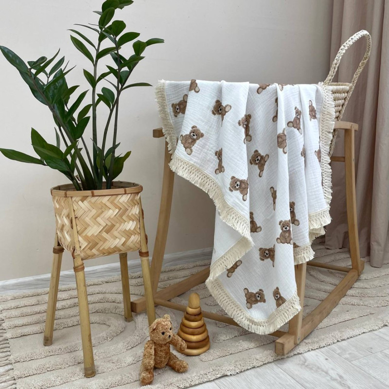 Плед Msonya муслін жатка двошаровий з бахромою Teddy на білому