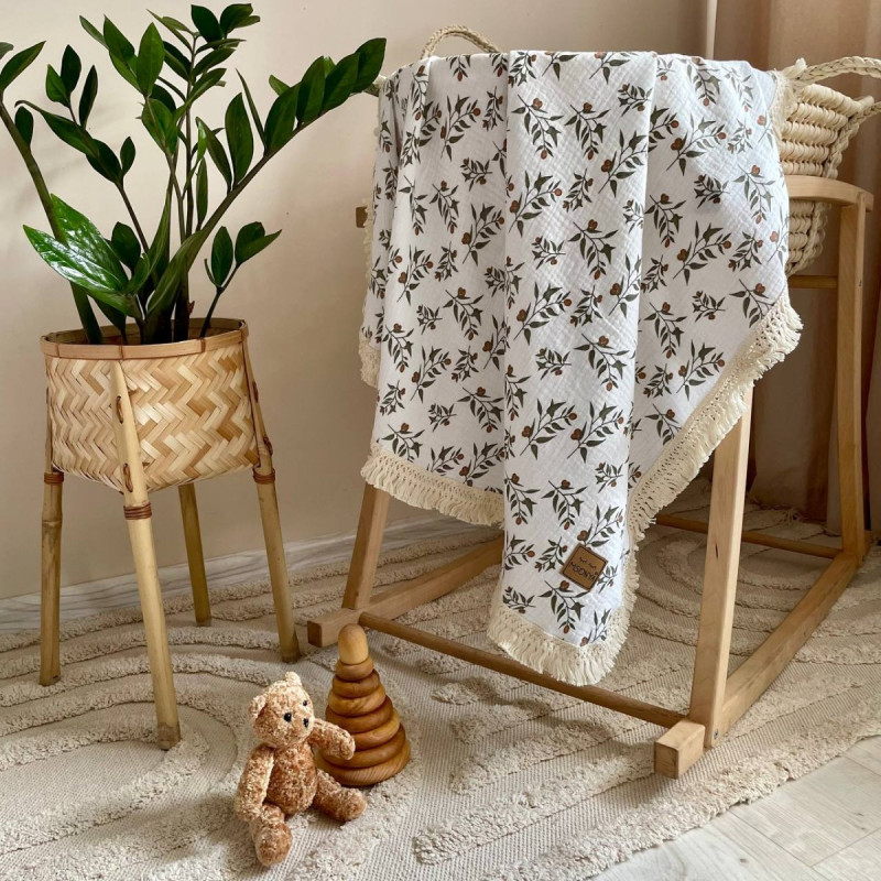 Плед Msonya муслін жатка двошаровий з бахромою Гілочка оливи на молочному