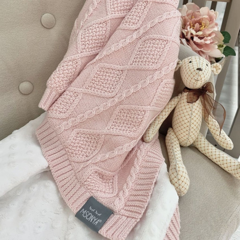 Плед Msonya в'язаний утеплений коси-ромби персик