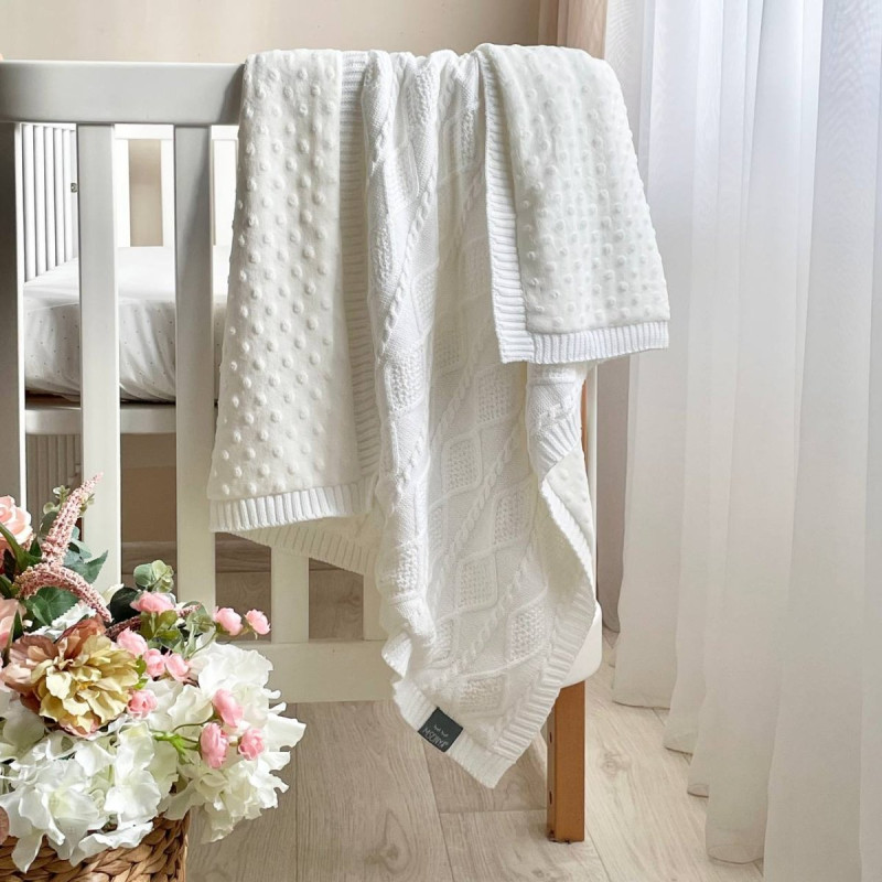 Плед Msonya в'язаний утеплений коси-ромби білий