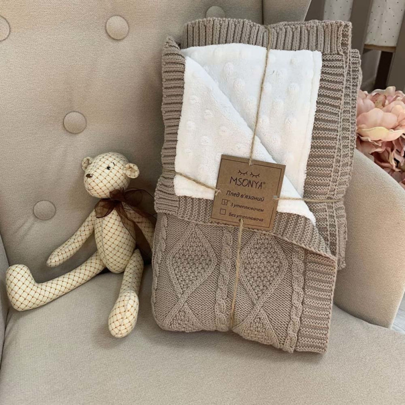 Плед Msonya в'язаний утеплений коси-ромби кава