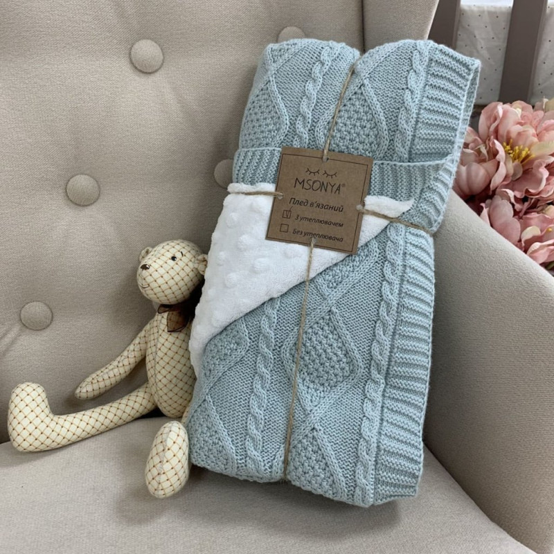 Плед Msonya в'язаний утеплений коси-ромби м'ятний світлий