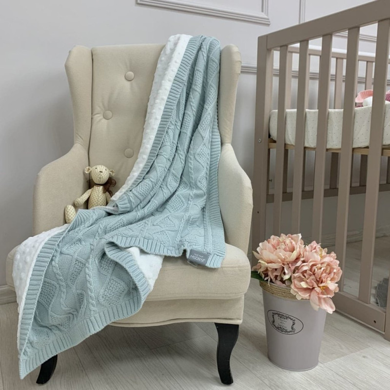 Плед Msonya в'язаний утеплений коси-ромби м'ятний світлий