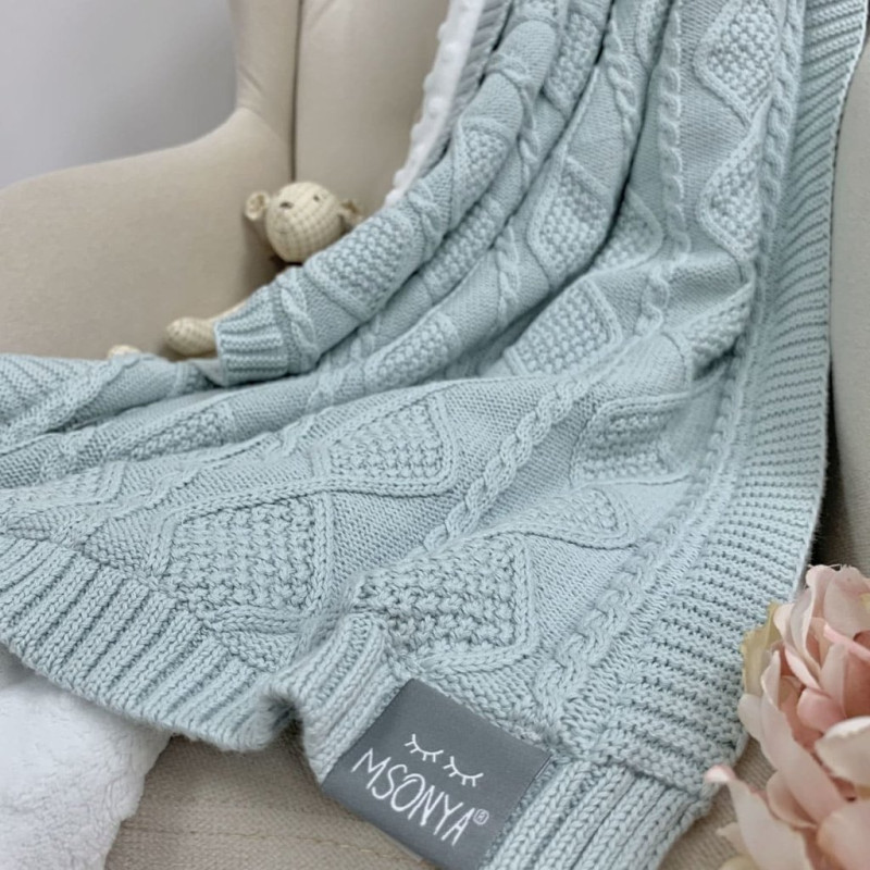 Плед Msonya в'язаний утеплений коси-ромби м'ятний світлий