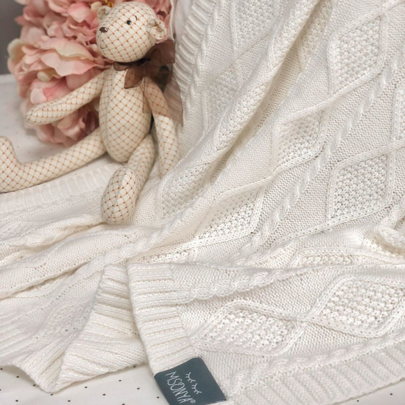 Плед Msonya В'язаний ромб-коса молочний