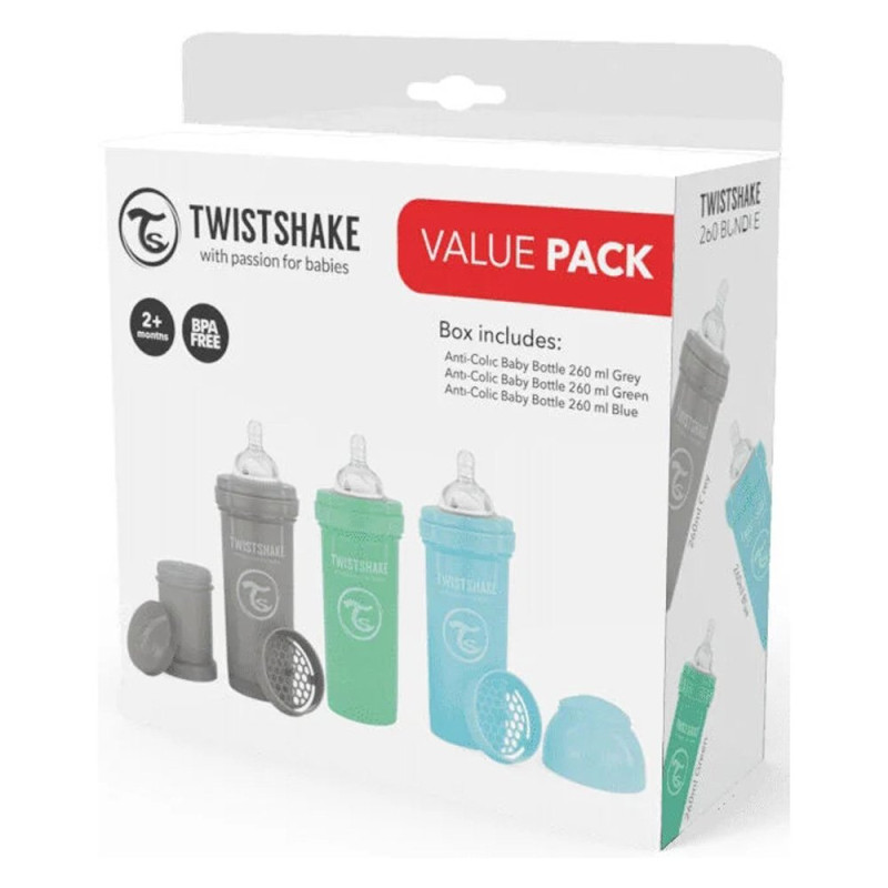 Пляшка Twistshake Набір із трьох антиколікових пляшечок 260мл Value Pack Blue