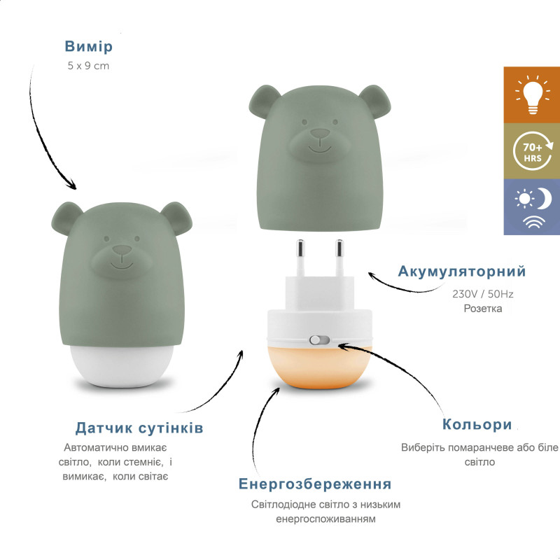 Нічник з датчиком сутінок Zazu ведмедик BENNY шавлія