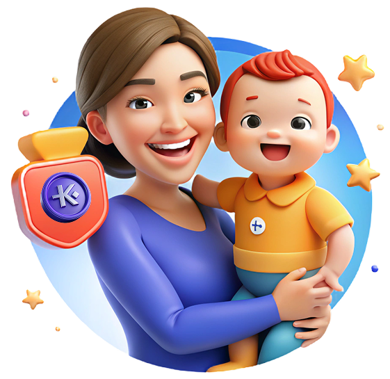 Мама з дитиною тримає бейдж з логотипом KIDZIKI